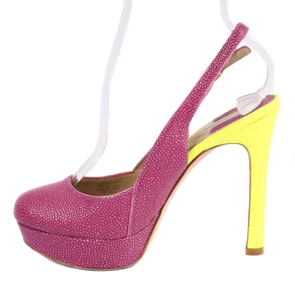 JOAN & DAVID Magenta & Chartreuse Green Textured Two-Tone Slingback Pumps Size 6 - Picture 3 of 8